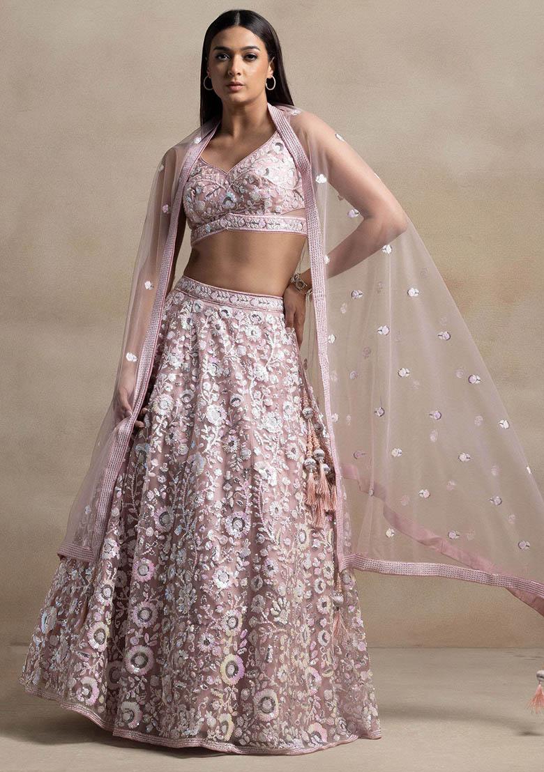 Pink Sequin Embroidered Net Lehenga Set