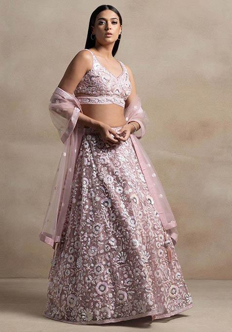 Pink Sequin Embroidered Net Lehenga Set