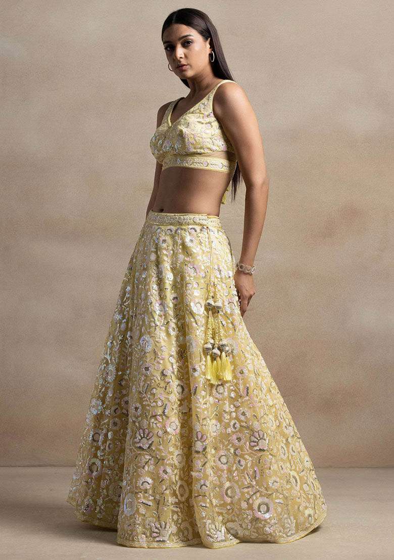 Yellow Sequin Embroidered Net Lehenga Set for Diwali and Festive Wear - Indya