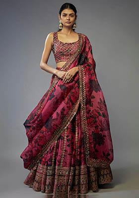 Pink Floral Print Organza Lehenga Set