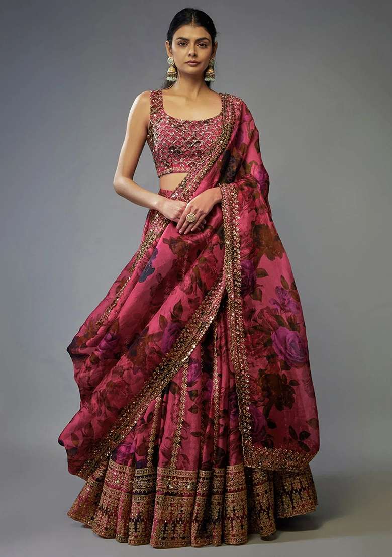 Pink Floral Print Organza Lehenga Set for Diwali and Festive Wear - Indya
