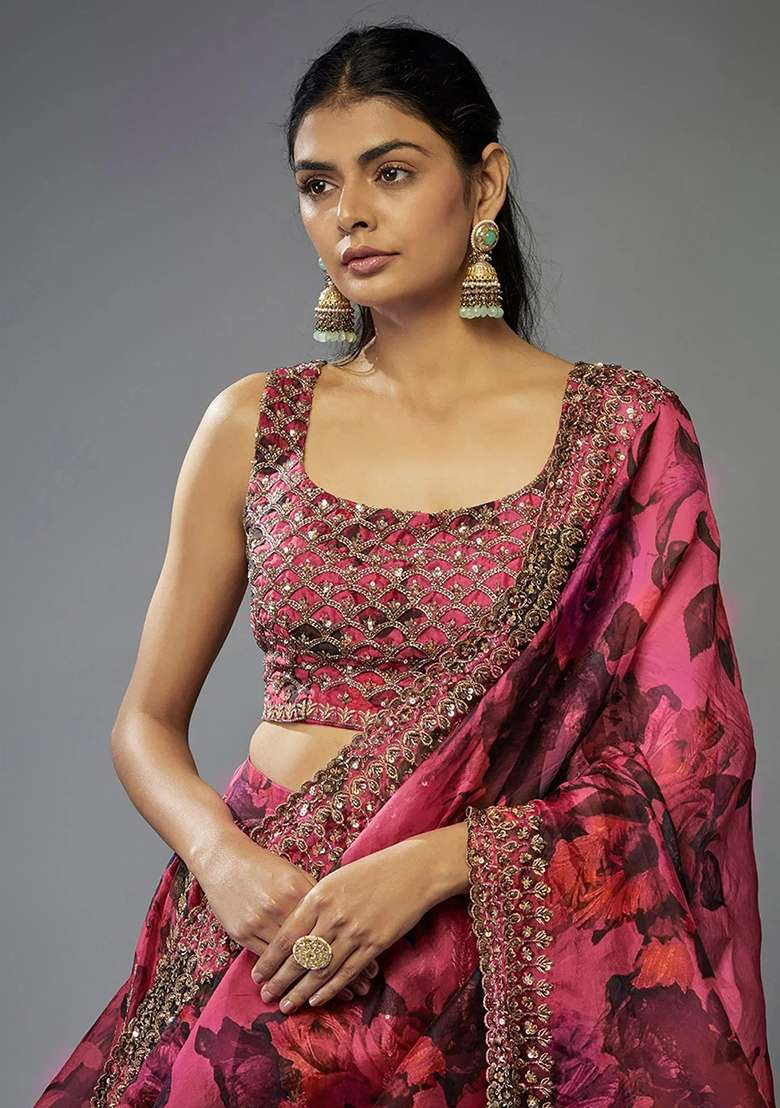 Pink Floral Print Organza Lehenga Set for Diwali and Festive Wear - Indya