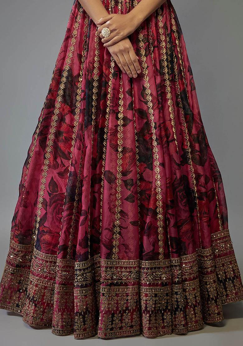 Pink Floral Print Organza Lehenga Set
