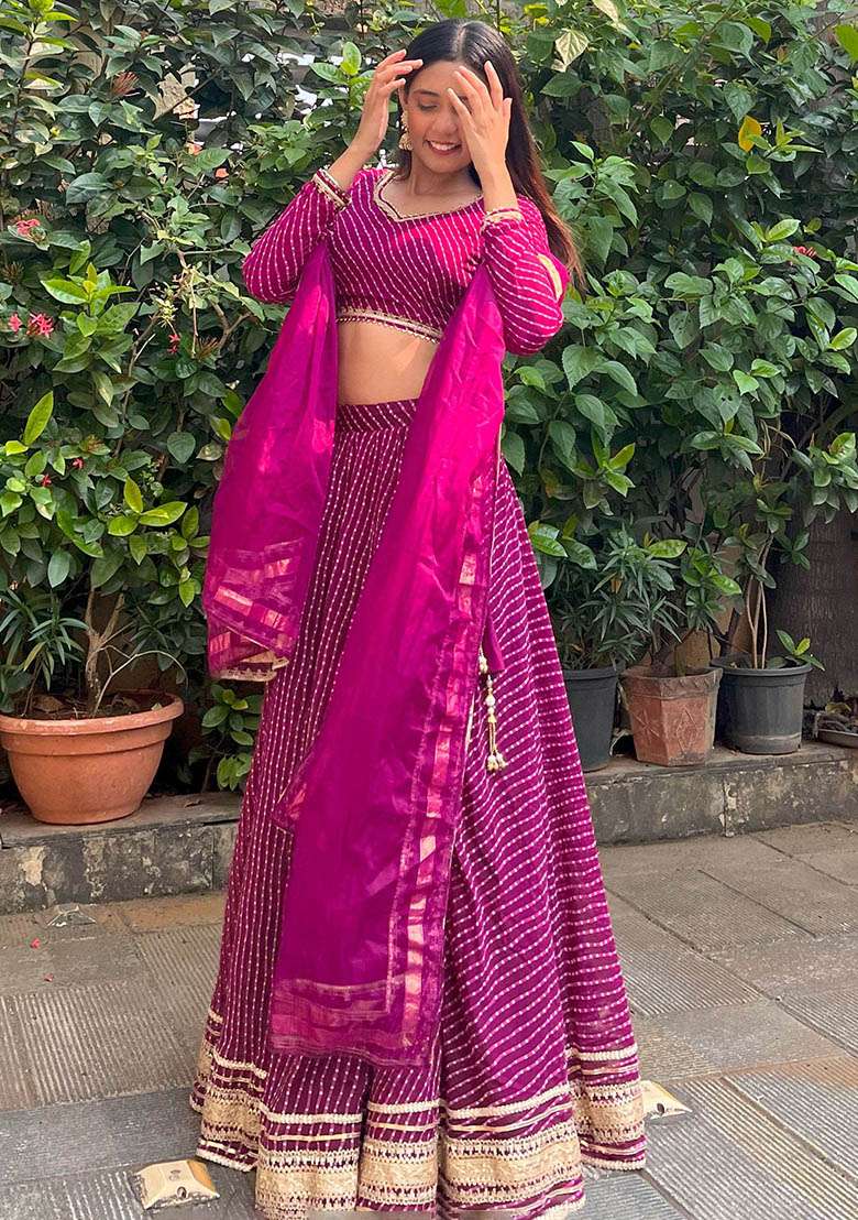 Purple Printed Georgette Lehenga Set for Diwali and Festive Wear - Indya