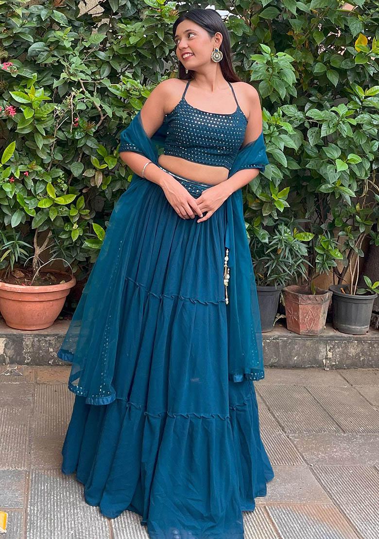 Blue Embroidered Georgette Lehenga Set