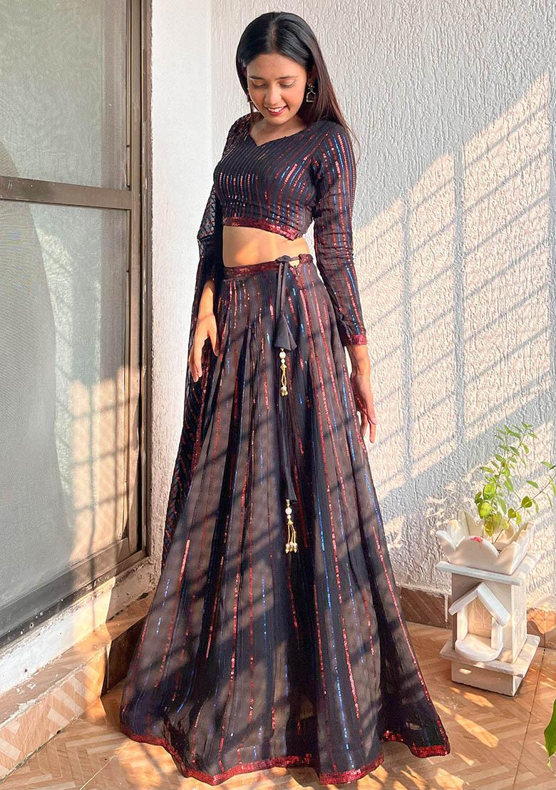 Black Sequin Embroidered Georgette Lehenga Set