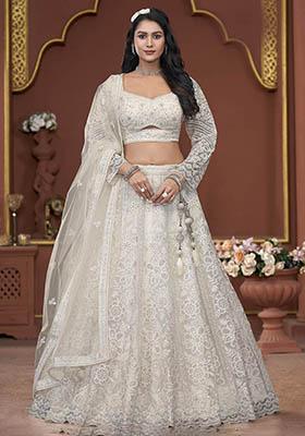 Off White Sequin Embroidered Georgette Lehenga Set
