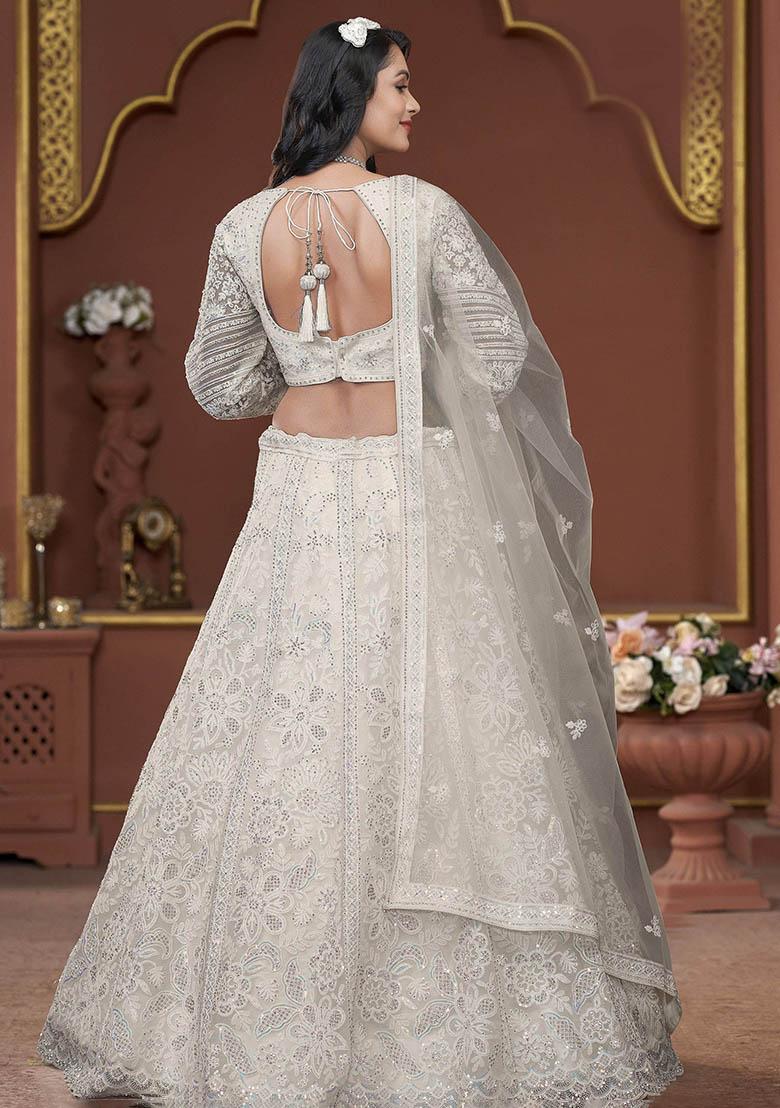 Off White Sequin Embroidered Georgette Lehenga Set