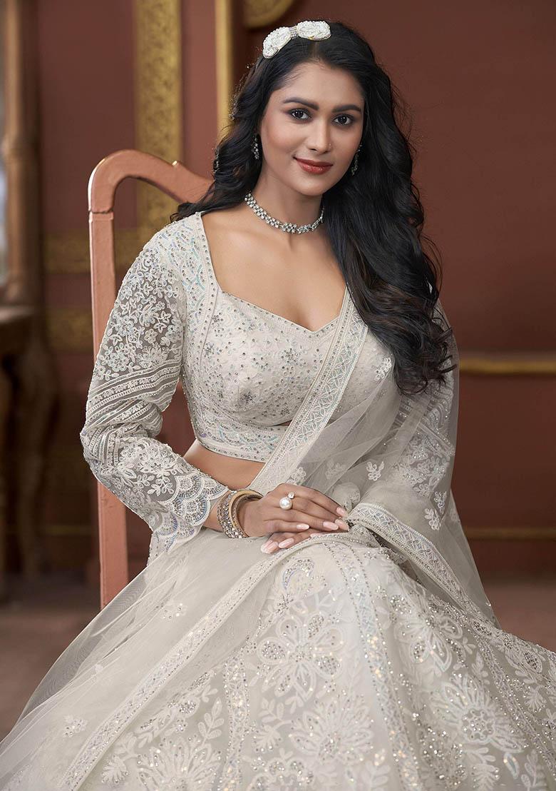 Off White Sequin Embroidered Georgette Lehenga Set