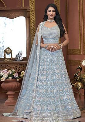 Sky Blue Embroidered Net Lehenga Set