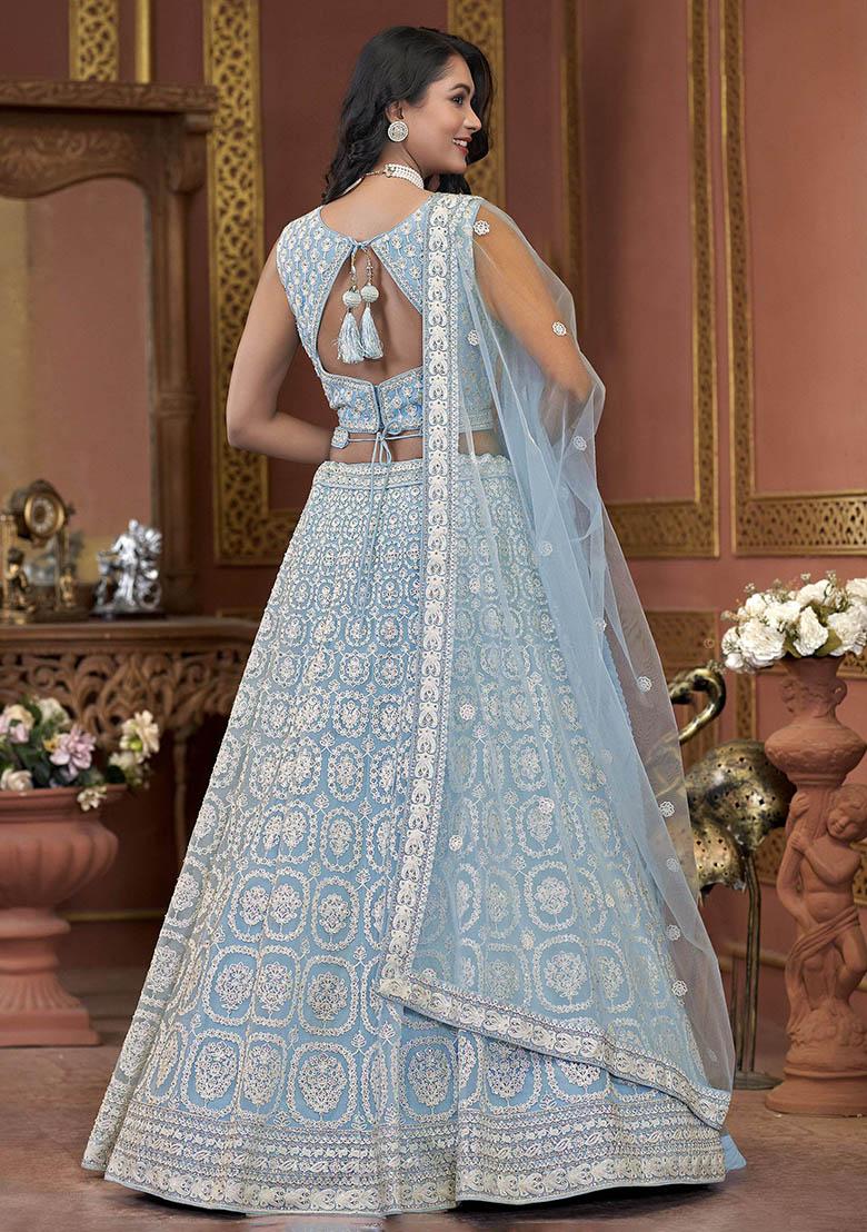 Sky Blue Embroidered Net Lehenga Set