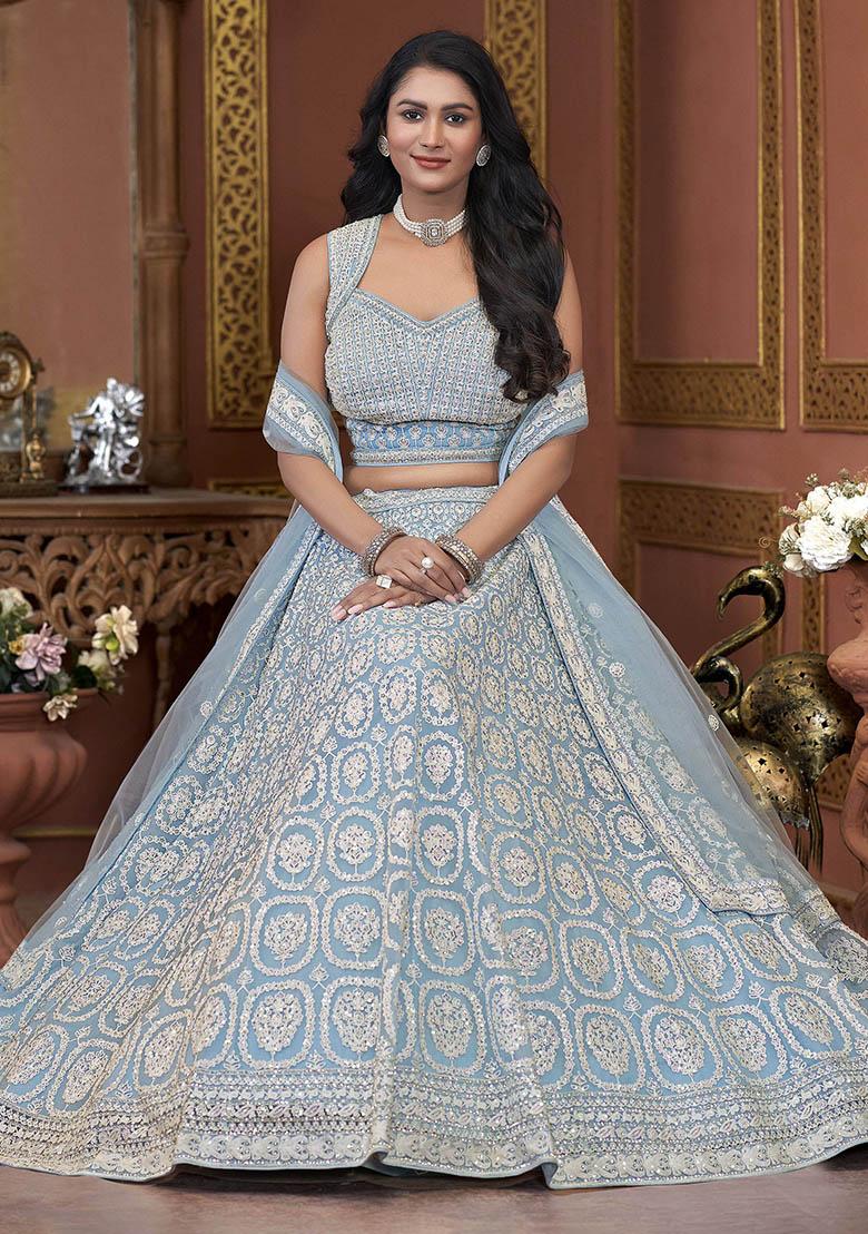 Sky Blue Embroidered Net Lehenga Set