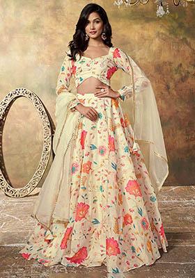 Beige Floral Print Organza Lehenga Set