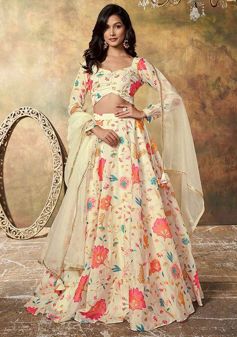Beige Floral Print Organza Lehenga Set - Indya