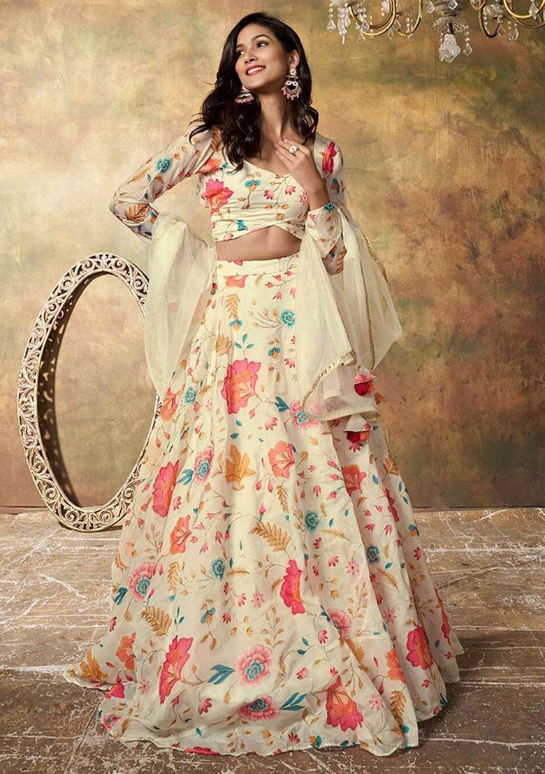 Beige Floral Print Organza Lehenga Set - Indya