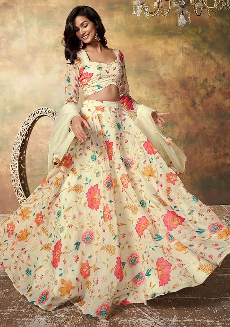 Beige Floral Print Organza Lehenga Set