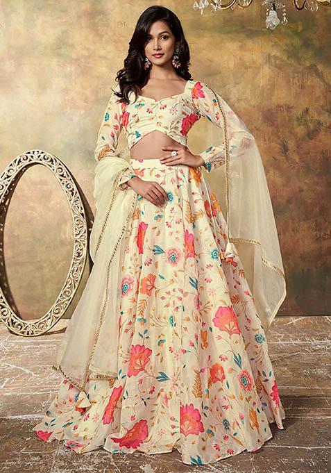 Beige Floral Print Organza Lehenga Set
