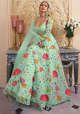 Green Floral Print Organza Lehenga Set