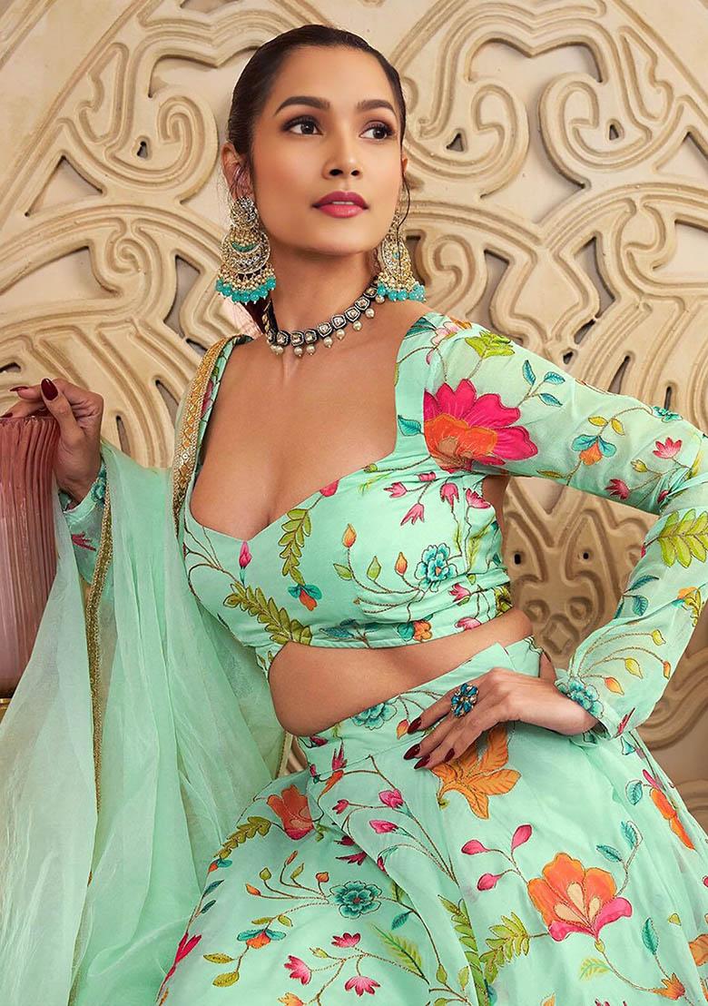 Green Floral Print Organza Lehenga Set
