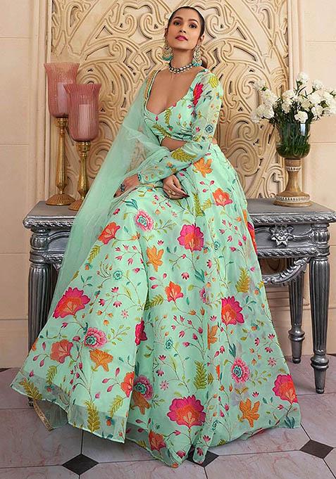 Green Floral Print Organza Lehenga Set