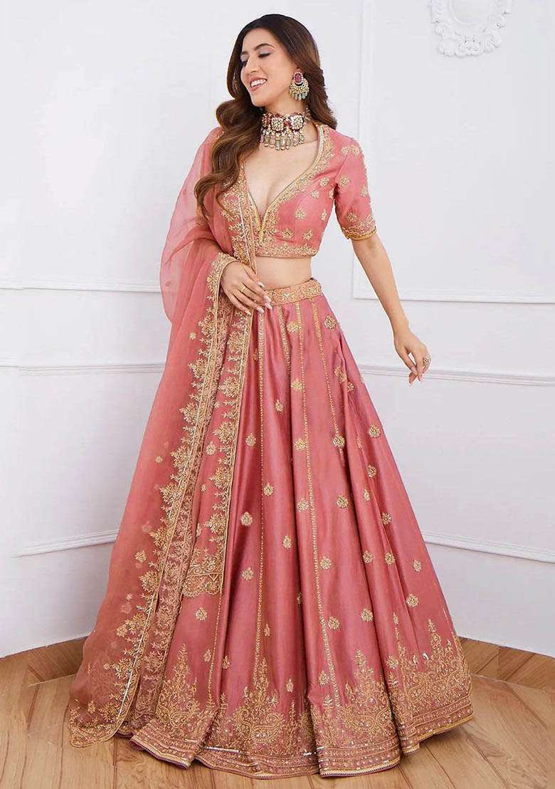 Pink Sequin Embroidered Art Silk Blend Lehenga Set for Diwali and Festive Wear - Indya