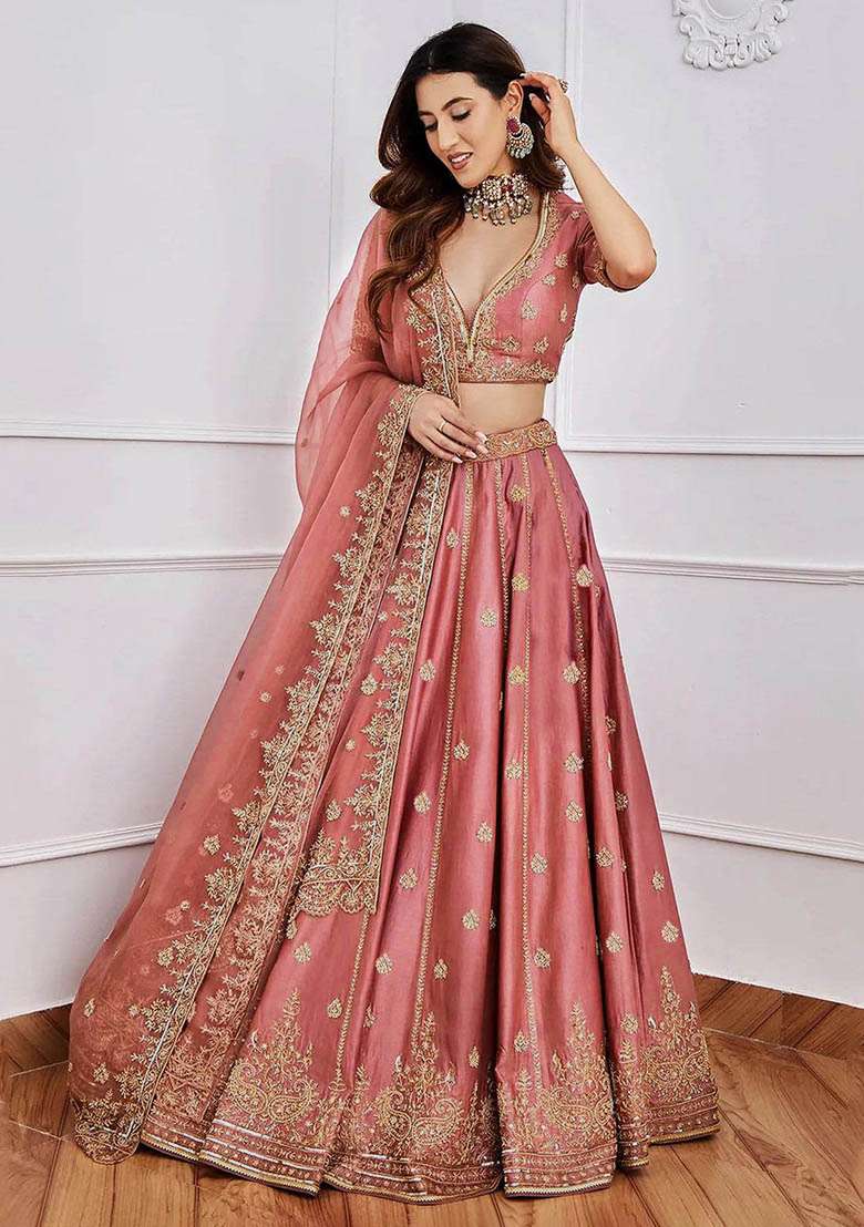 Pink Sequin Embroidered Art Silk Blend Lehenga Set for Diwali and Festive Wear - Indya