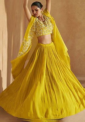 Yellow Embroidered Chinon Lehenga Set