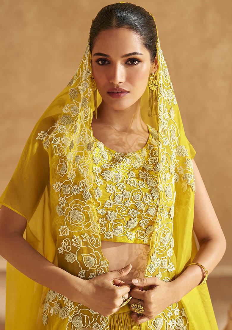 Yellow Embroidered Chinon Lehenga Set