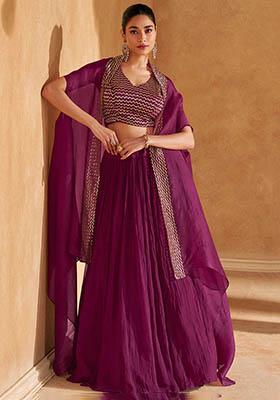 Purple Embroidered Chinon Lehenga Set