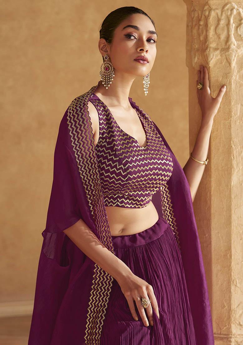 Purple Embroidered Chinon Lehenga Set