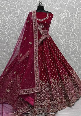 Red Embroidered Velvet Lehenga Set