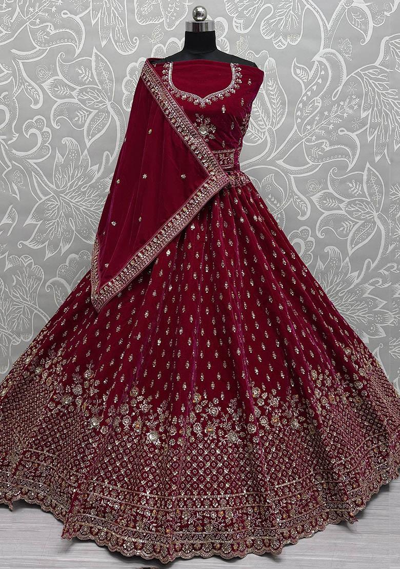 Red Embroidered Velvet Lehenga Set