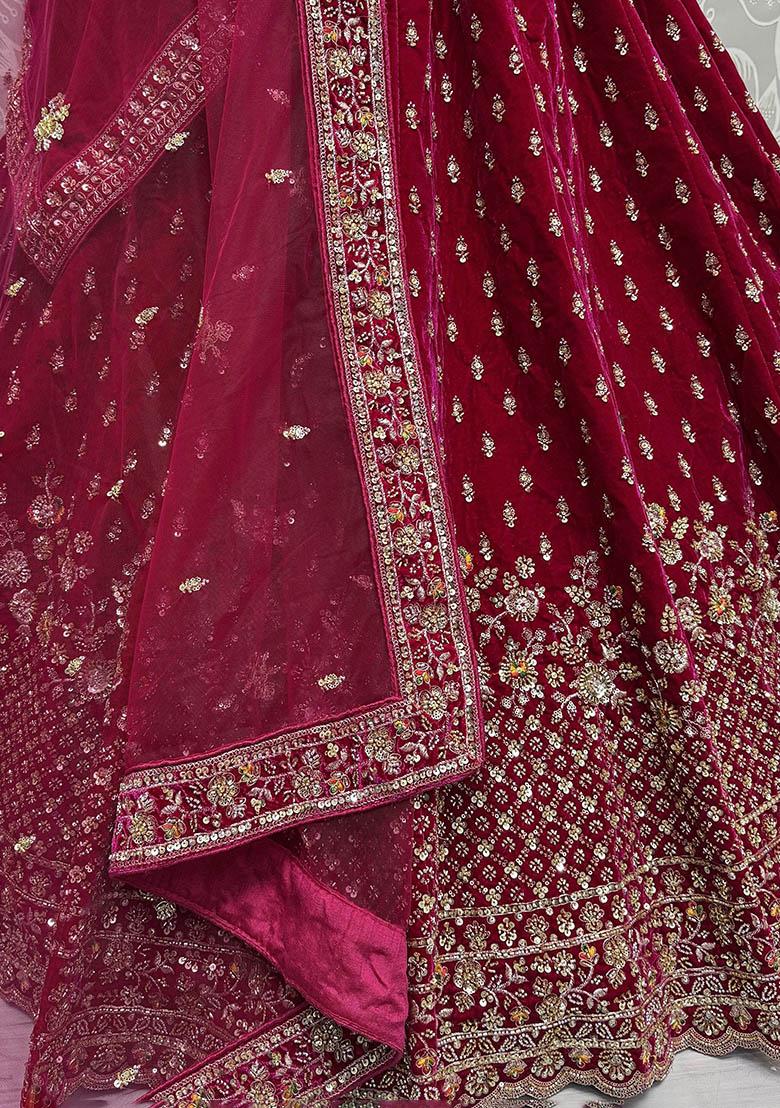 Red Embroidered Velvet Lehenga Set