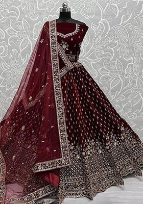 Maroon Embroidered Velvet Lehenga Set