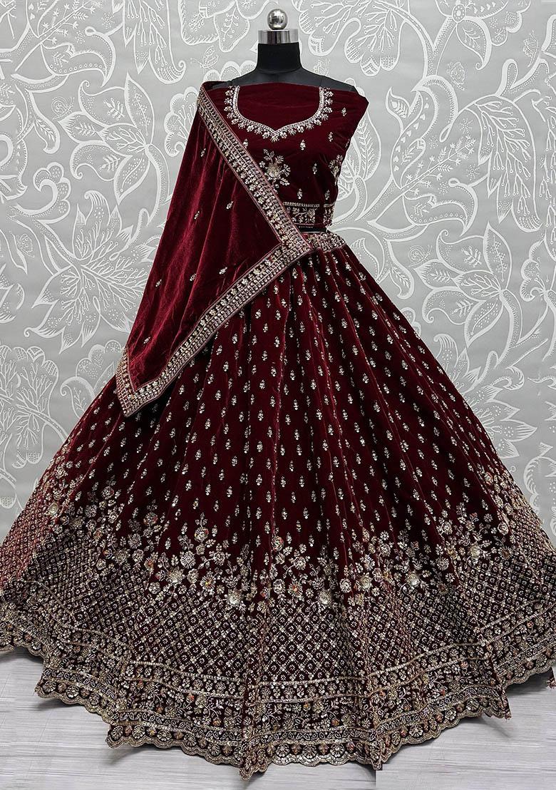 Maroon Embroidered Velvet Lehenga Set