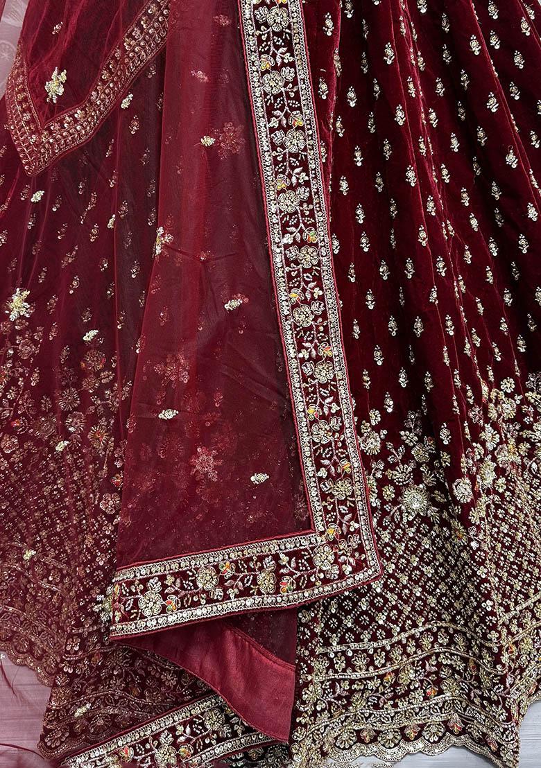 Maroon Embroidered Velvet Lehenga Set