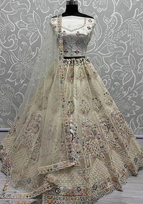 Off White Embroidered Net Lehenga Set