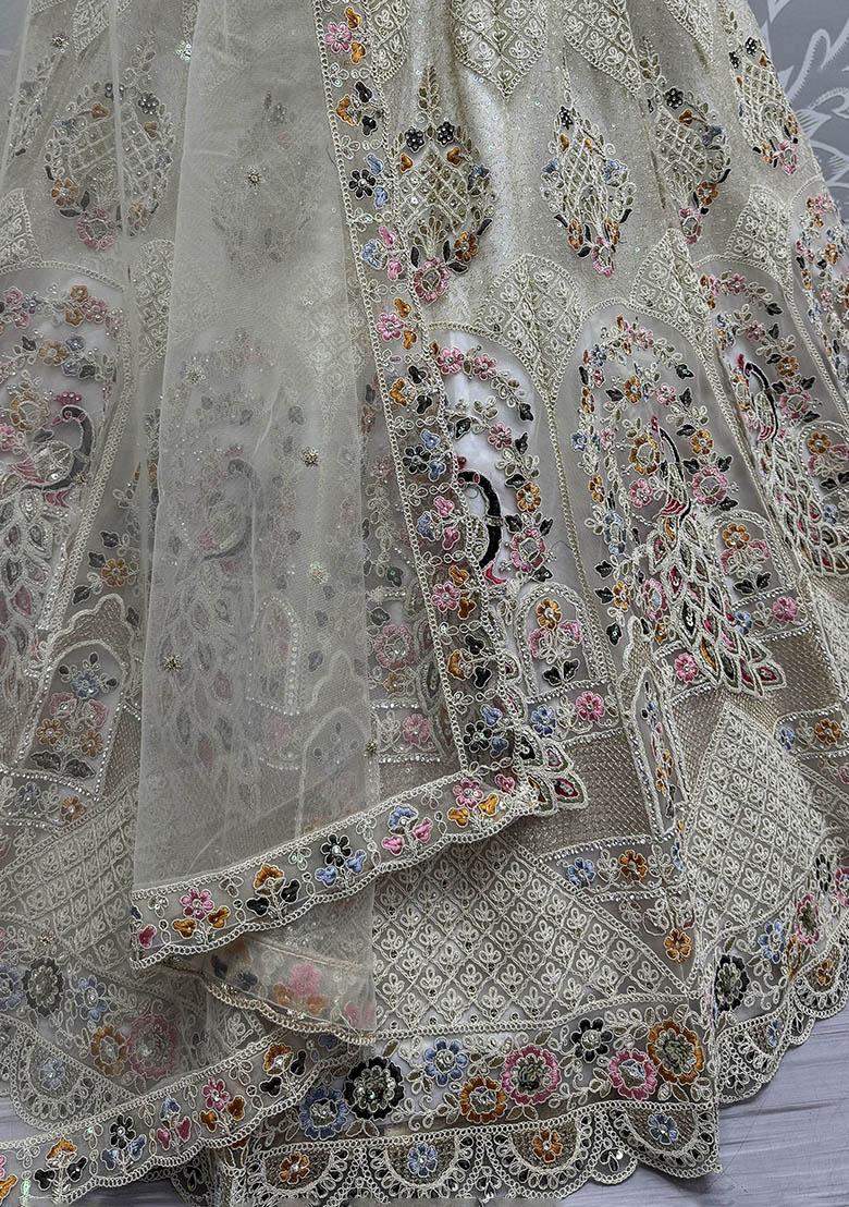 Off White Embroidered Net Lehenga Set