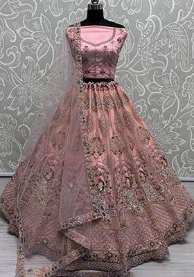 Peach Embroidered Net Lehenga Set