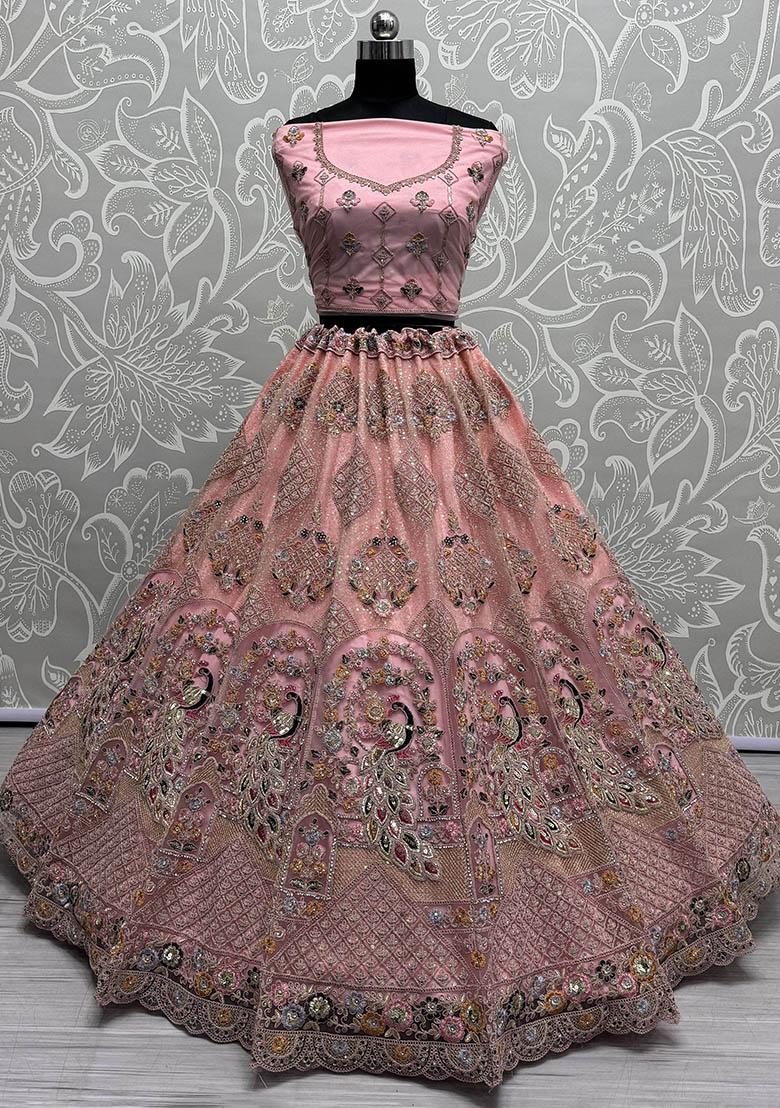 Peach Embroidered Net Lehenga Set