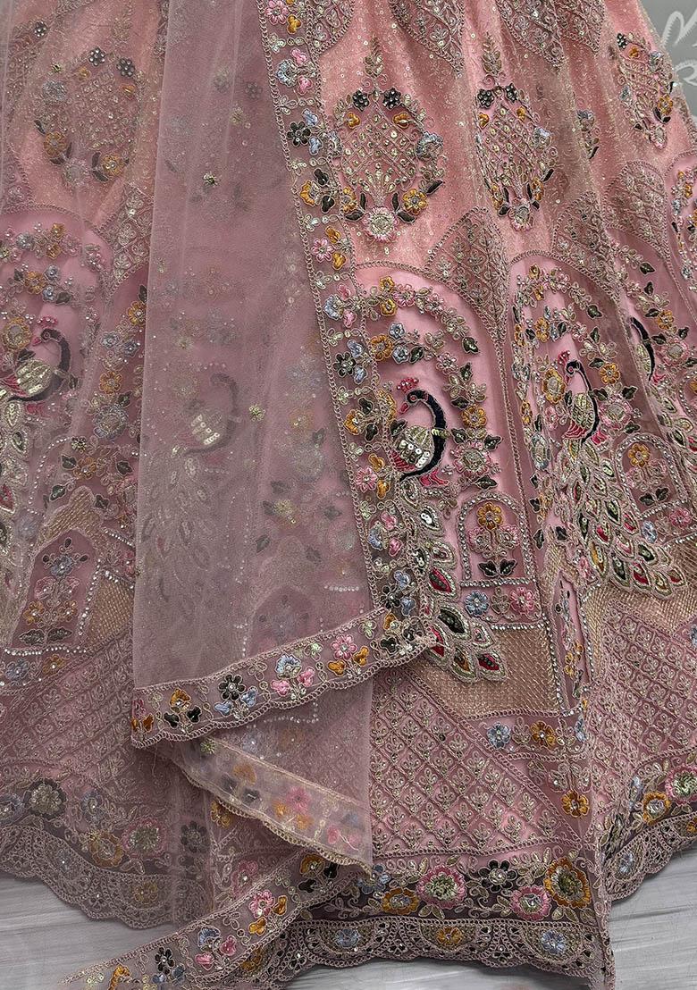 Peach Embroidered Net Lehenga Set