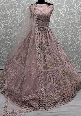 Peach Sequin Embroidered Net Lehenga Set