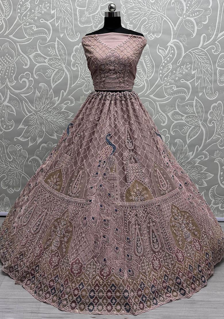 Peach Sequin Embroidered Net Lehenga Set