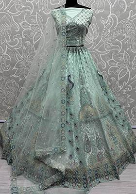 Green Embroidered Net Lehenga Set