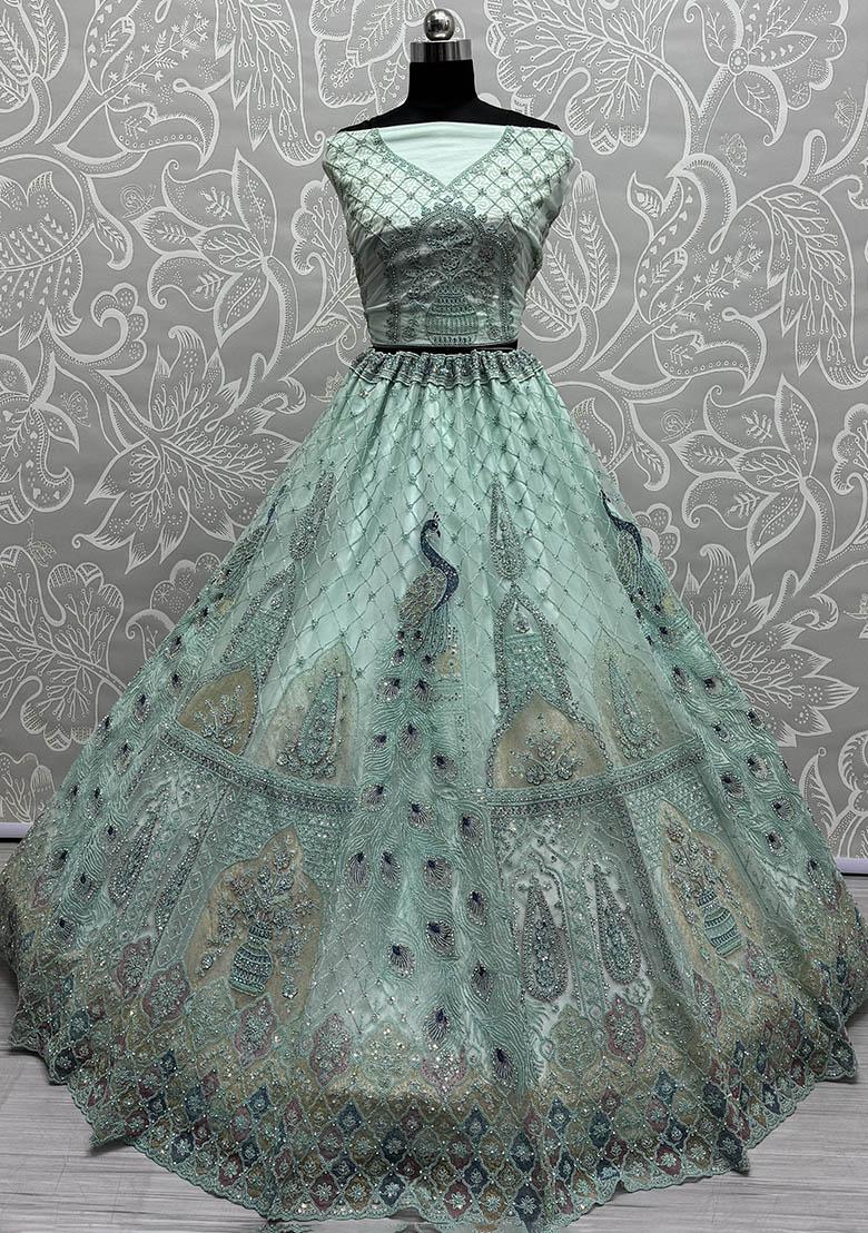 Green Embroidered Net Lehenga Set