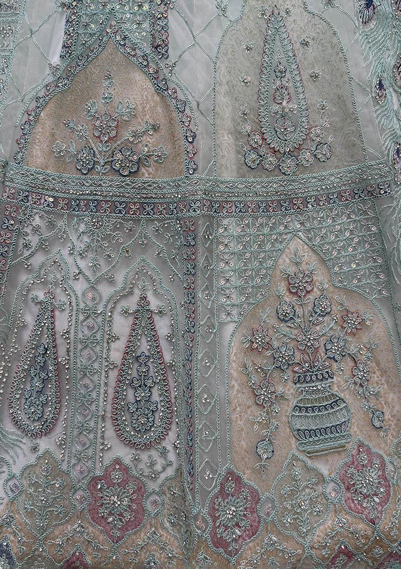 Green Embroidered Net Lehenga Set