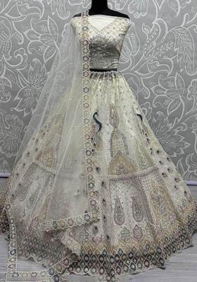 Off White Sequin Embroidered Net Lehenga Set