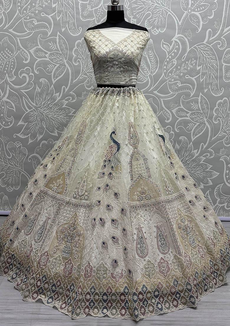 Off White Sequin Embroidered Net Lehenga Set