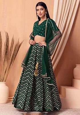 Green Embroidered Georgette Lehenga Set