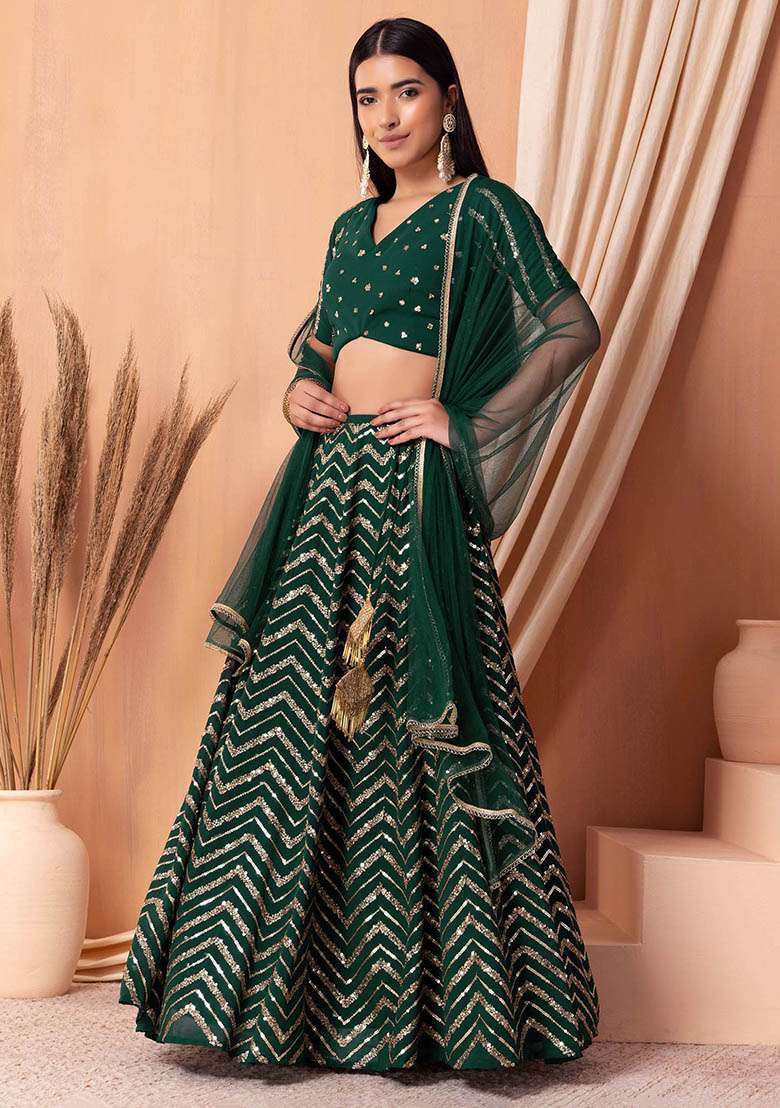 Green Embroidered Georgette Lehenga Set for Diwali and Festive Wear - Indya
